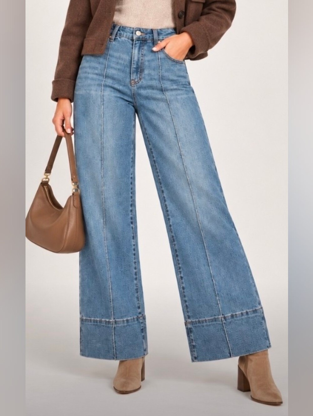 OAT New York Women’s Wide Leg Jeans Light Wash High Rise Seamed Denim